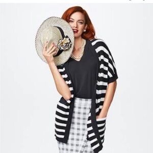 CAbi short sleeve black & white striped whistle cardigan